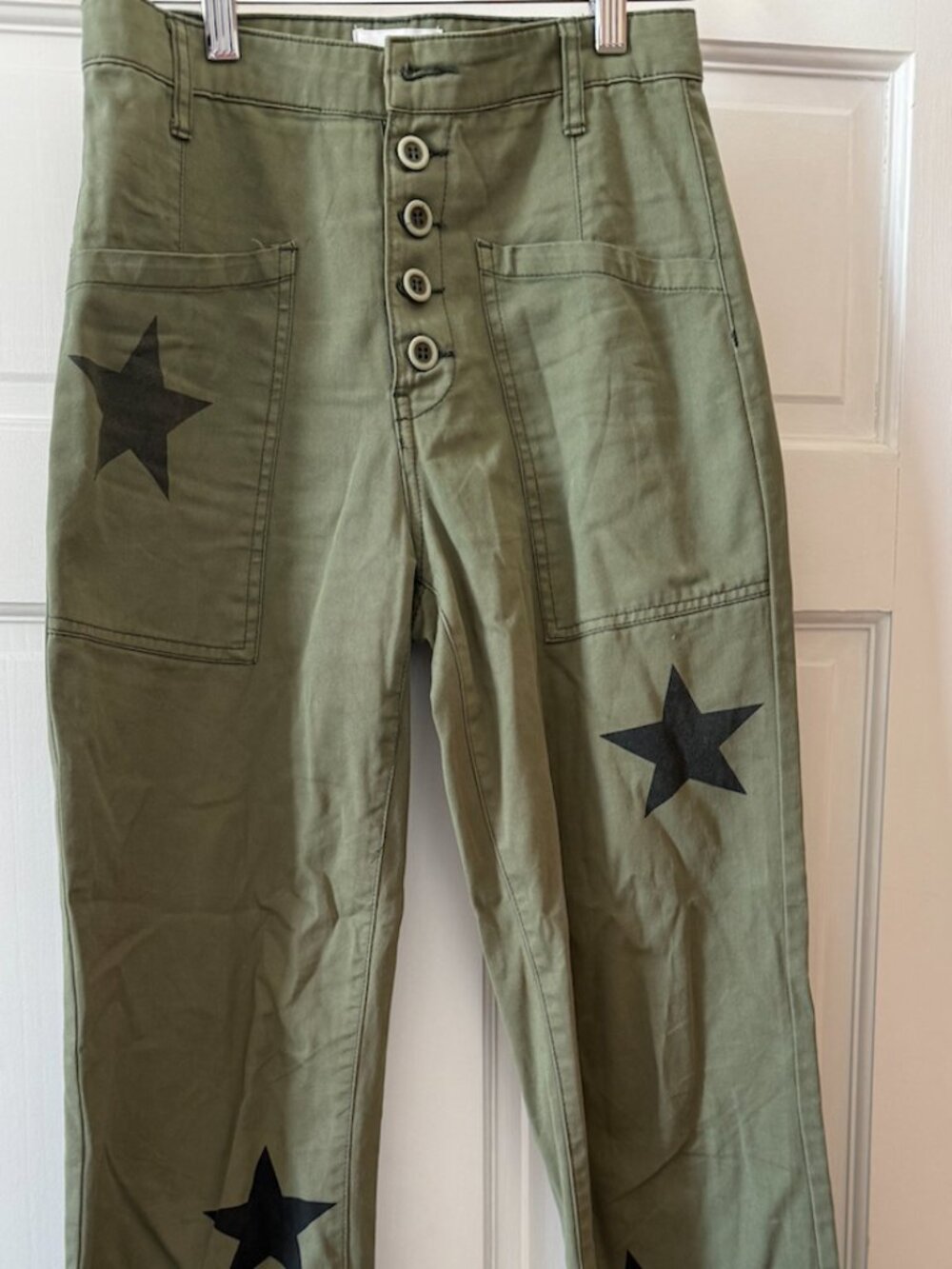 Pistola Utility Pants Olive Green Star Print Button Fly High Rise Size 24